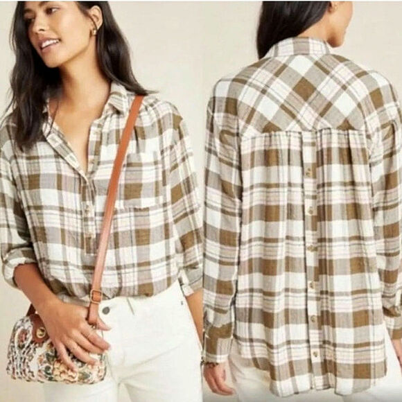 Anthropologie Plaid Button Back Long Sleeve Button Front Tunic Shirt Size XS - Picture 2 of 14
